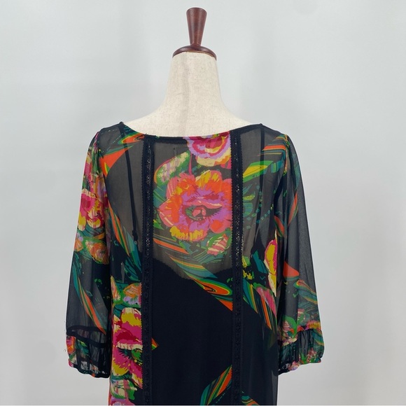 Anthropologie Moulinette Soeurs Black Floral Silk Sheer Dress Medium - Picture 7 of 9